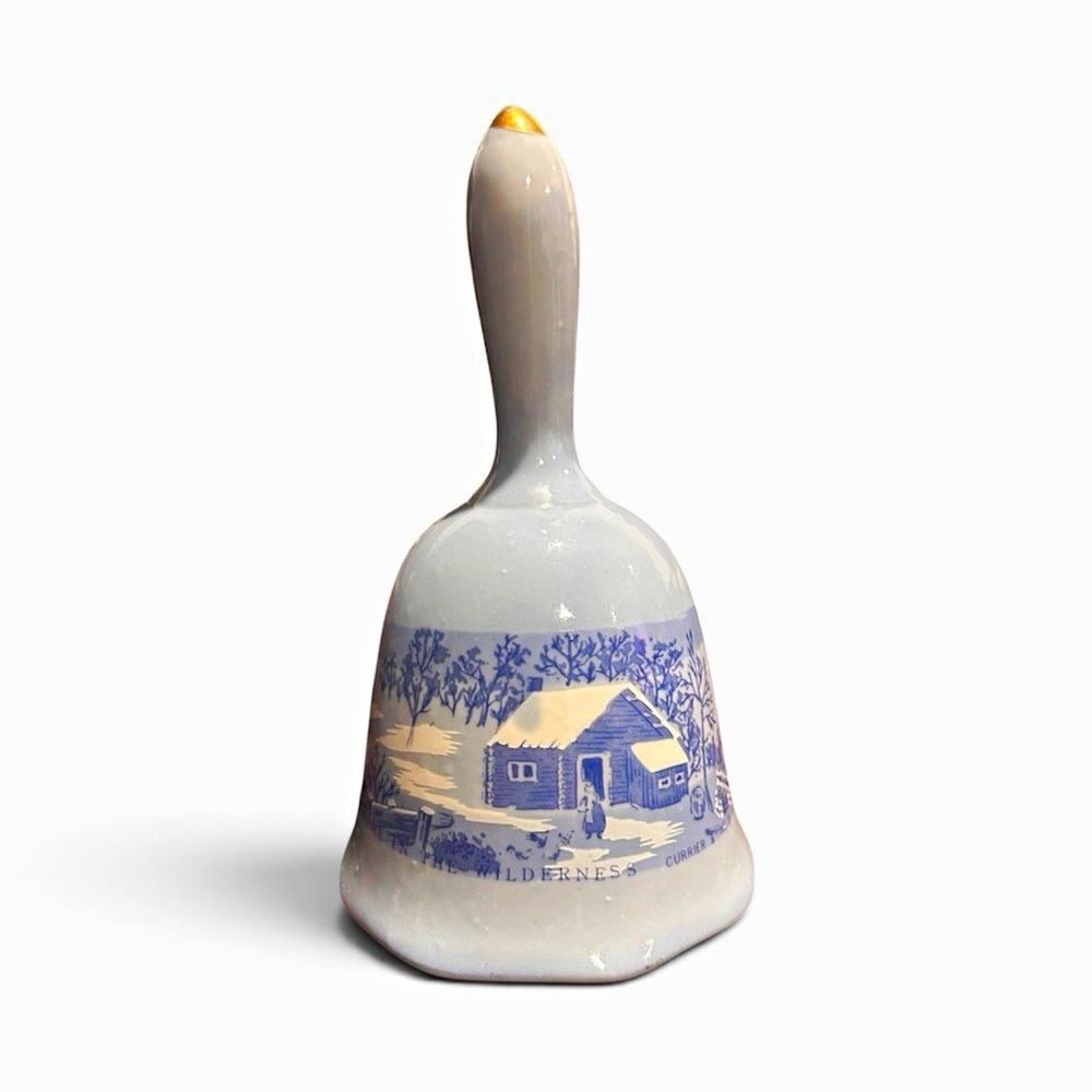 Vtg Currier & Ives Home in Wilderness, White & Blue Glazed Porcelain bell